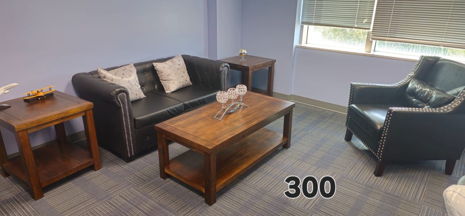 Sofa, Single Seater, 2 Side Tables And Coffee Table With Pillow And Decoration $300