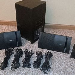 Another great item from our parents estate. BOSE 5 Speaker Surround Sound Home Theater Speakers with Big Base and wires and connectors. See our other 