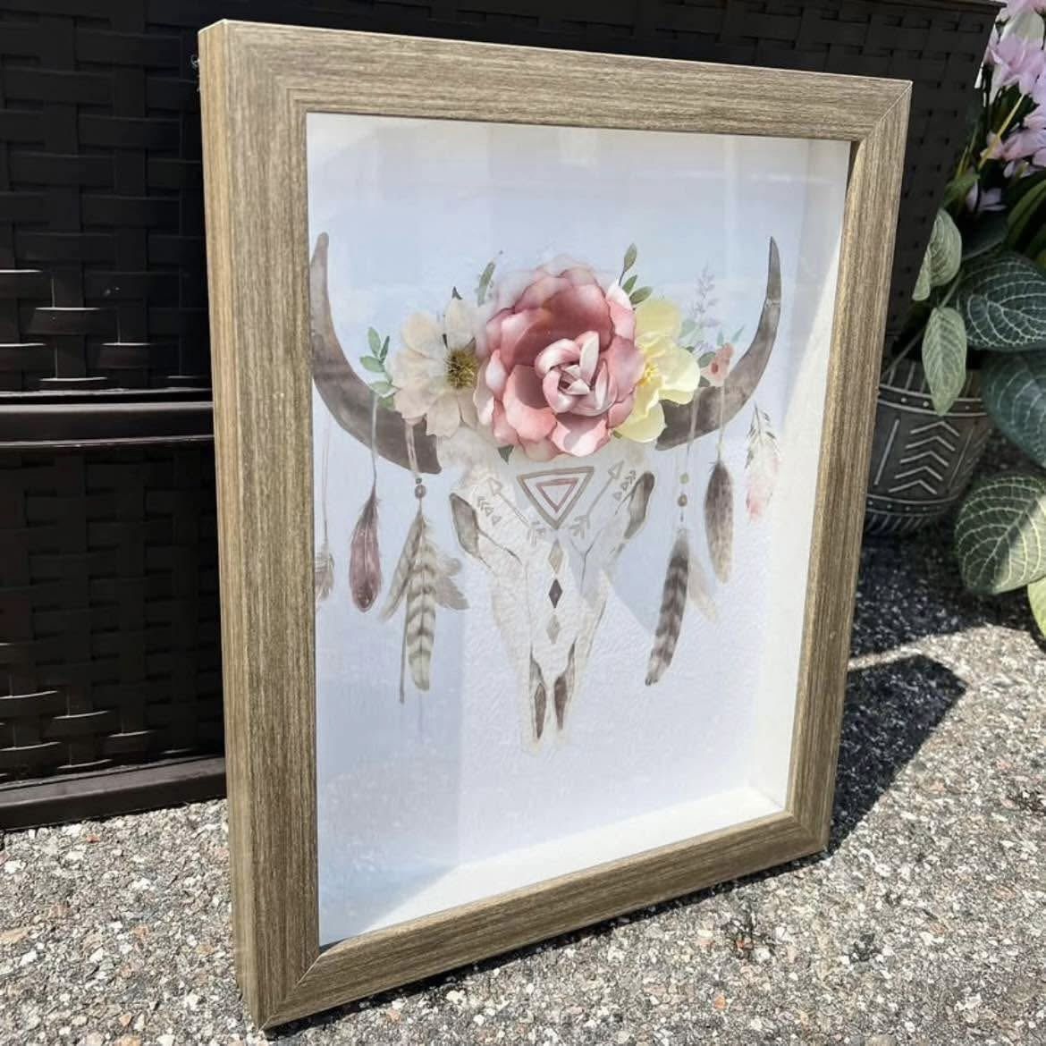 Framed Boho Flowers Feathers Skull Picture Hanging Wall Art 14”x11”x1.5”