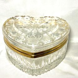 Crystal Heart Trinket Clear Glass Heart Shaped Jewelry Box Dish Gold Rim Lid