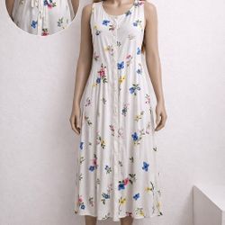 VENUS Floral Sleeveless Dress Button Front Tie Waist White Midi Women Size XL Summer