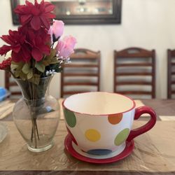 Clay tea pot and saucer flower pot Red and white with colorful polka dots