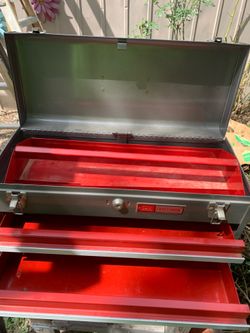 This is a vintage Craftsman 65336 two-drawer tool box featuring a gray metal body with red drawer fronts.