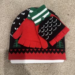 Festive Red and Green Kids Winter Hat and Gloves Set One Size 