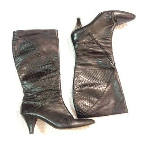 6 Saks 5th Avenue Embossed Leather Boots Horizontal Vertical Lines Calf Length