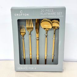 NEW Crofton 20 Piece Gold Flatware Set Stainless Steel Silverware Service for 4