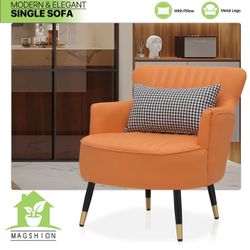 Orange Modern Accent Chair with Lumbar Cushion, Modern Comfortable Reading Chair Faux Leather Living Room Bedroom Chair Metal Legs Club Back