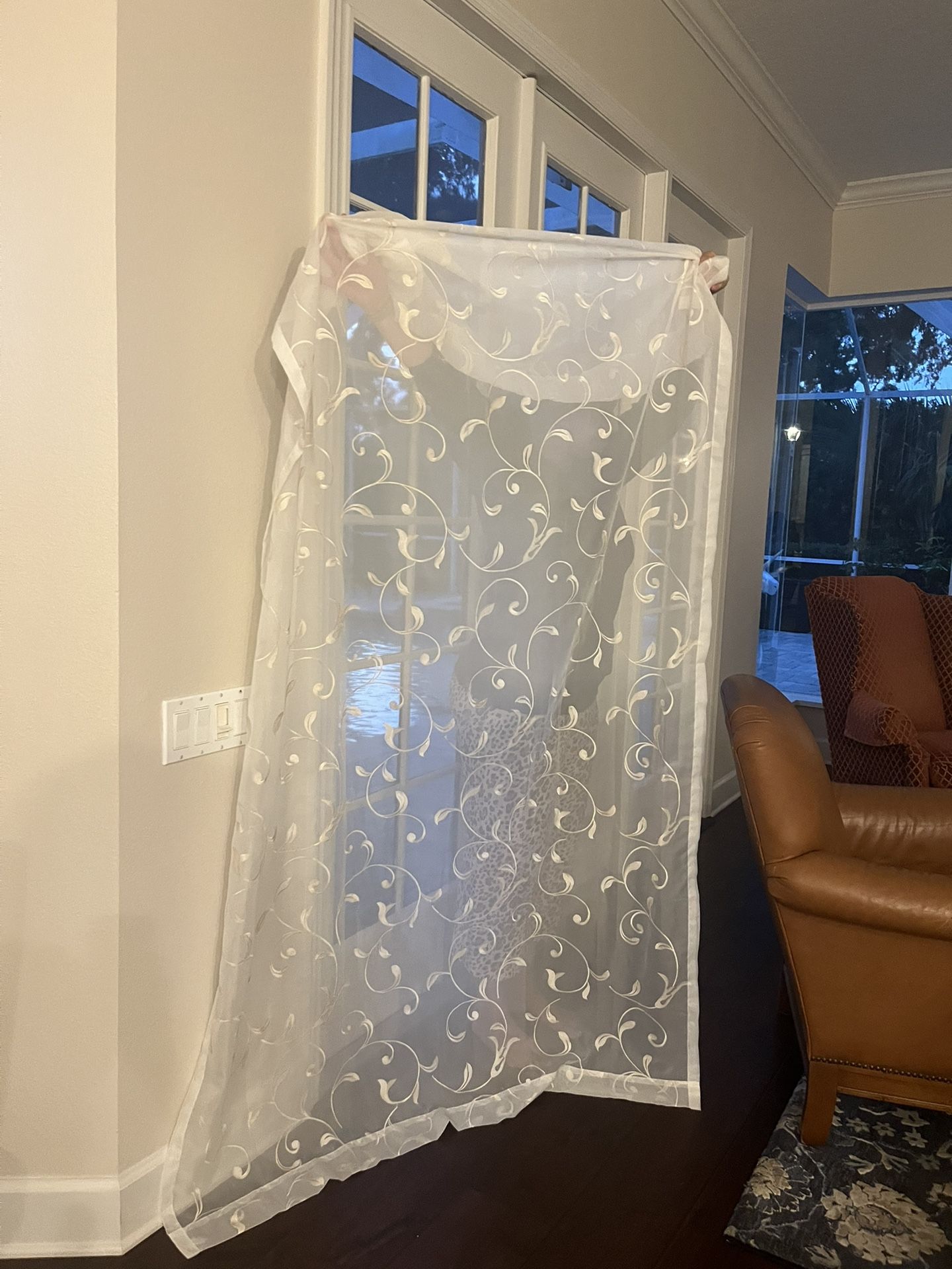 8 Sheer Rod Pocket Curtains White With Light Ivory Leaf Pattern