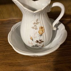 Vintage McCoy Pottery  Autumn Roses Floral Pitcher And Bowl