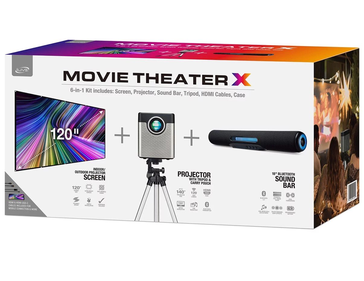 iLive Movie Theater X Bundle Includes Projector, Soundbar, & Screen
