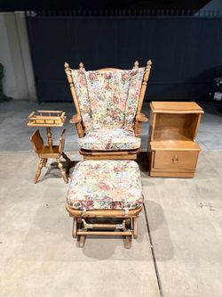 Vintage Wooden Glider Rocker with Ottoman & Matching Side Tables (4-Piece Set)