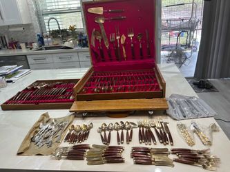 Vintage Gold-Tone Flatware Set w/ Wood Handles + Storage Chest – Large Set