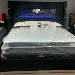 Upholstered Bed Smart Style with Built-In Fireplace & Bluetooth