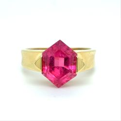 18K Yellow Gold Hexagon Cut Pink Tourmaline Ring | 3.80 CTW, Size 5.75