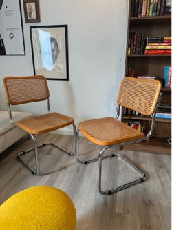 Vintage Pair MCM Chrome Cantilever Cane Chairs Marcel Breuer Cesca Style Made In ITALY (2)