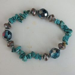 Stone and Shiny Bead Bracelet, Green and Silver Color Southwestern Style Jewelry