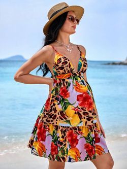 SHEIN Leopard Print Mini Dress with Floral Overlay Size XS