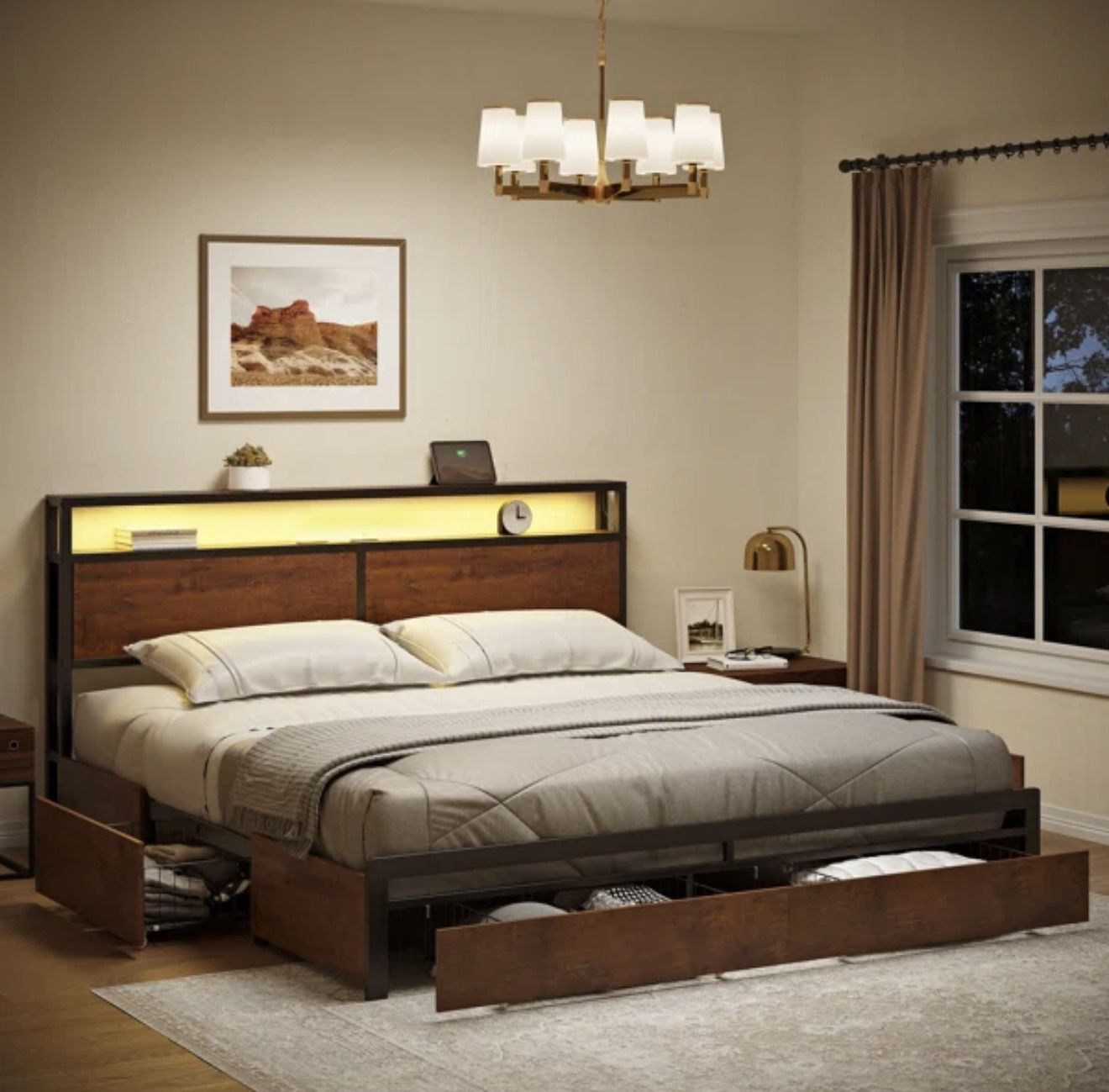 New Queen Bed With Drawers And Lights