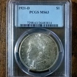 1921-D Morgan Silver Dollar PCGS Graded MS 63 Key Date US Coin 