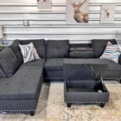 Dark Charcoal Linen Sectional Couch With Drop Down Table 