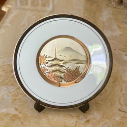 Vintage Porcelain 6” Plate Chokin 24 KT Goldedged Orginal Ancient Decor Japan Featuring Mt. Fuji