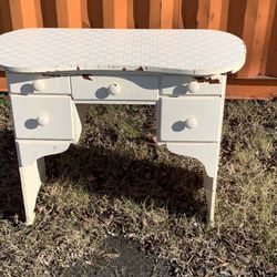 Vintage Kidney White Vanity Desk W/ Five Drawers And Electrical Switch