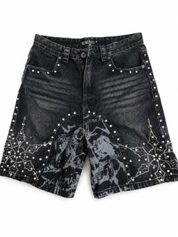 Black Washed Denim Shorts with Stud Embellishments