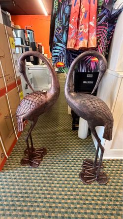Cast Aluminum Cranes for Yard Garden Sculpture Pair Statue - Upright and Preening Standing Crane Heron