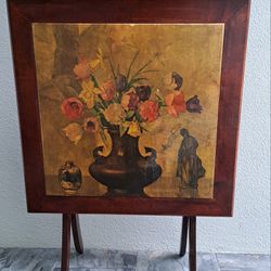 Antique Wooden Folding Card Table or Fireplace Screen W/Floral Art Painting 1930