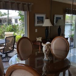 Beveled Glass 60 Inch Dining Room Table W Wood Base And 6 Wood Chairs Covered W Microfiber No Stains