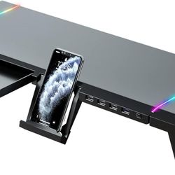 KYOLLY RGB Gaming Computer Monitor Stand Riser with Drawer,Storage and Phone Holder - 1 USB 3.0 and 3 USB 2.0 Hub, 3 Length Adjustable