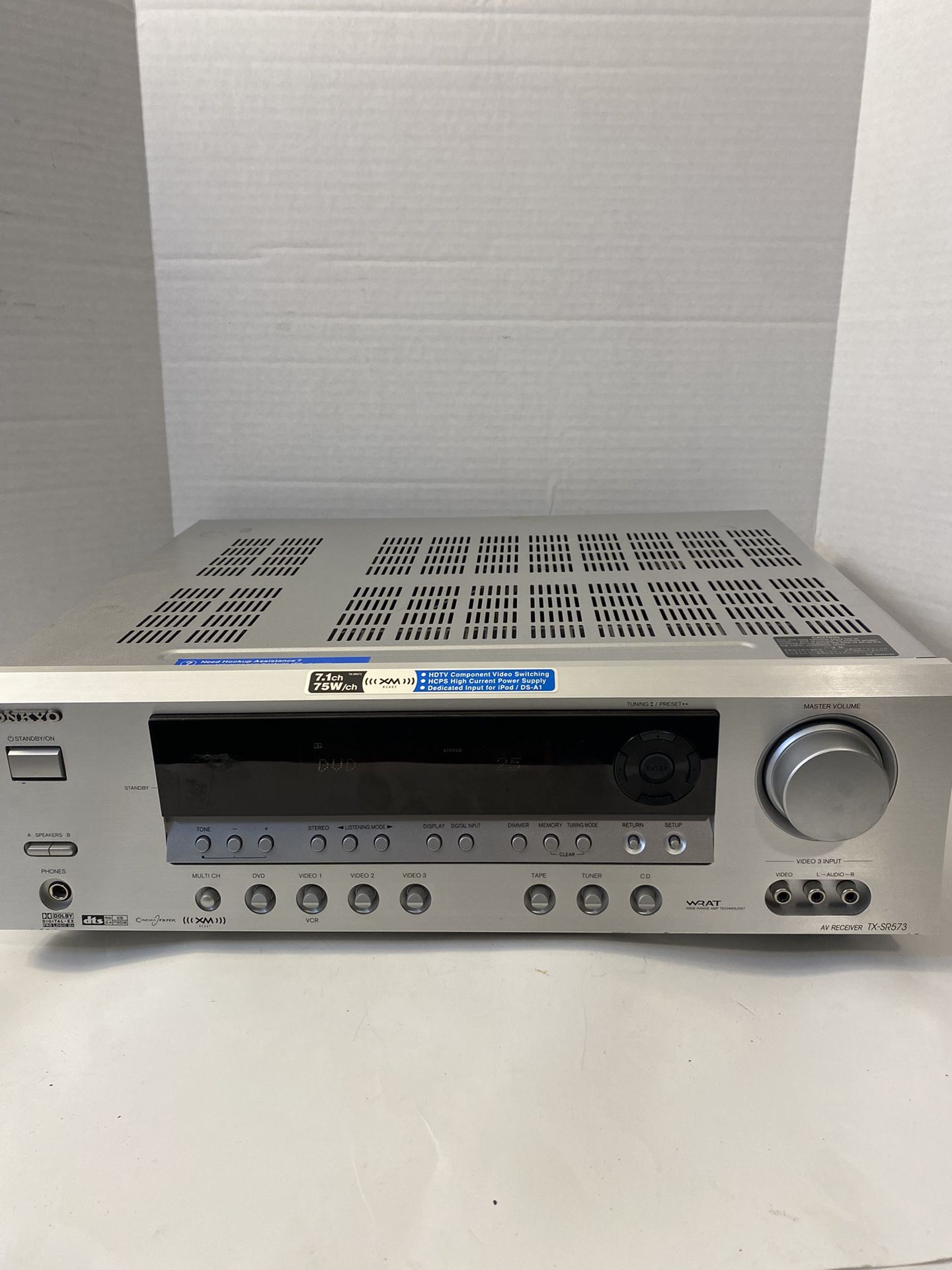 Onkyo TX-SR573 A/V Home Theater System Receiver; 75 Watts, 7.1 Channels, Silver; Tested; (no remote)