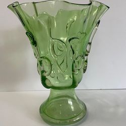 1950’s Handblown Green Ruffled Art Glass Vase With Applied Swirling Decorations