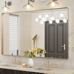 LOAAO 60”X36” Gold Bathroom Mirror, Rounded Rectangle Gold Frame Mirror, Brushed Gold Bathroom Vanity Mirror Wall-Mounted, Anti-Rust, Tempered Glass, 