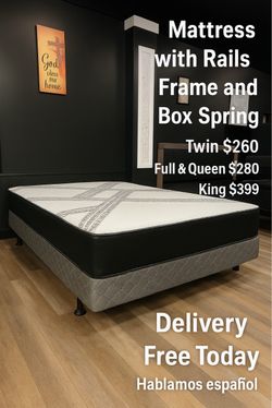 🌟 Queen Mattress, Box Spring, and Rails Frame Set - Delivery Today And Pay On The Delivery