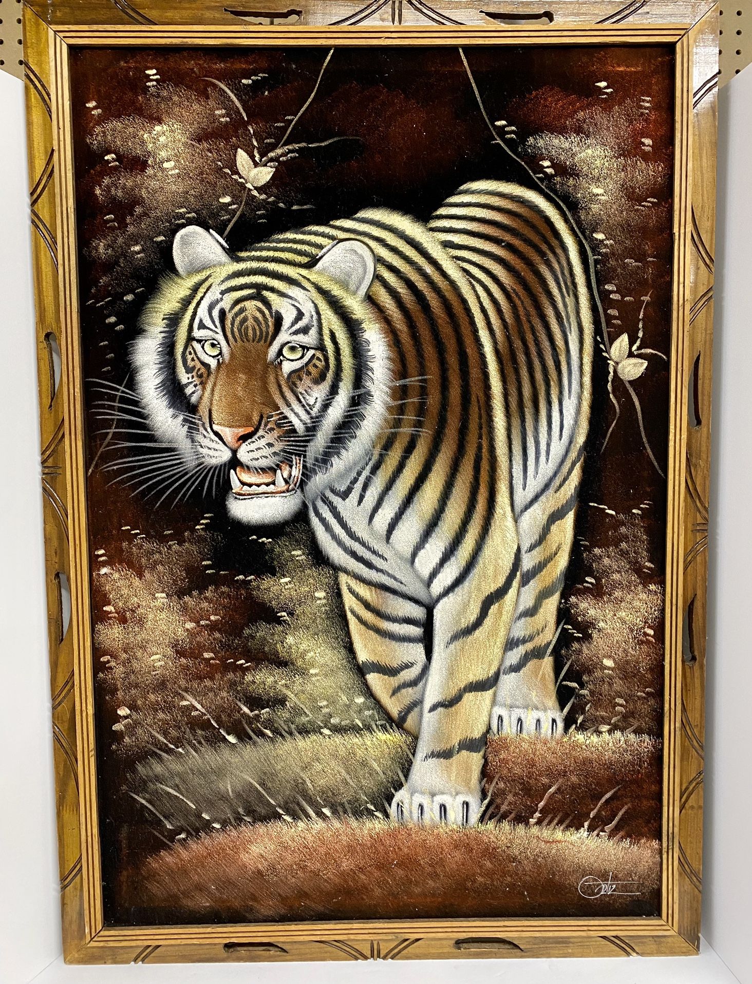 1970's Vintage Black Velvet Tiger Painting by Ortiz, Classic Wood Frame Picture