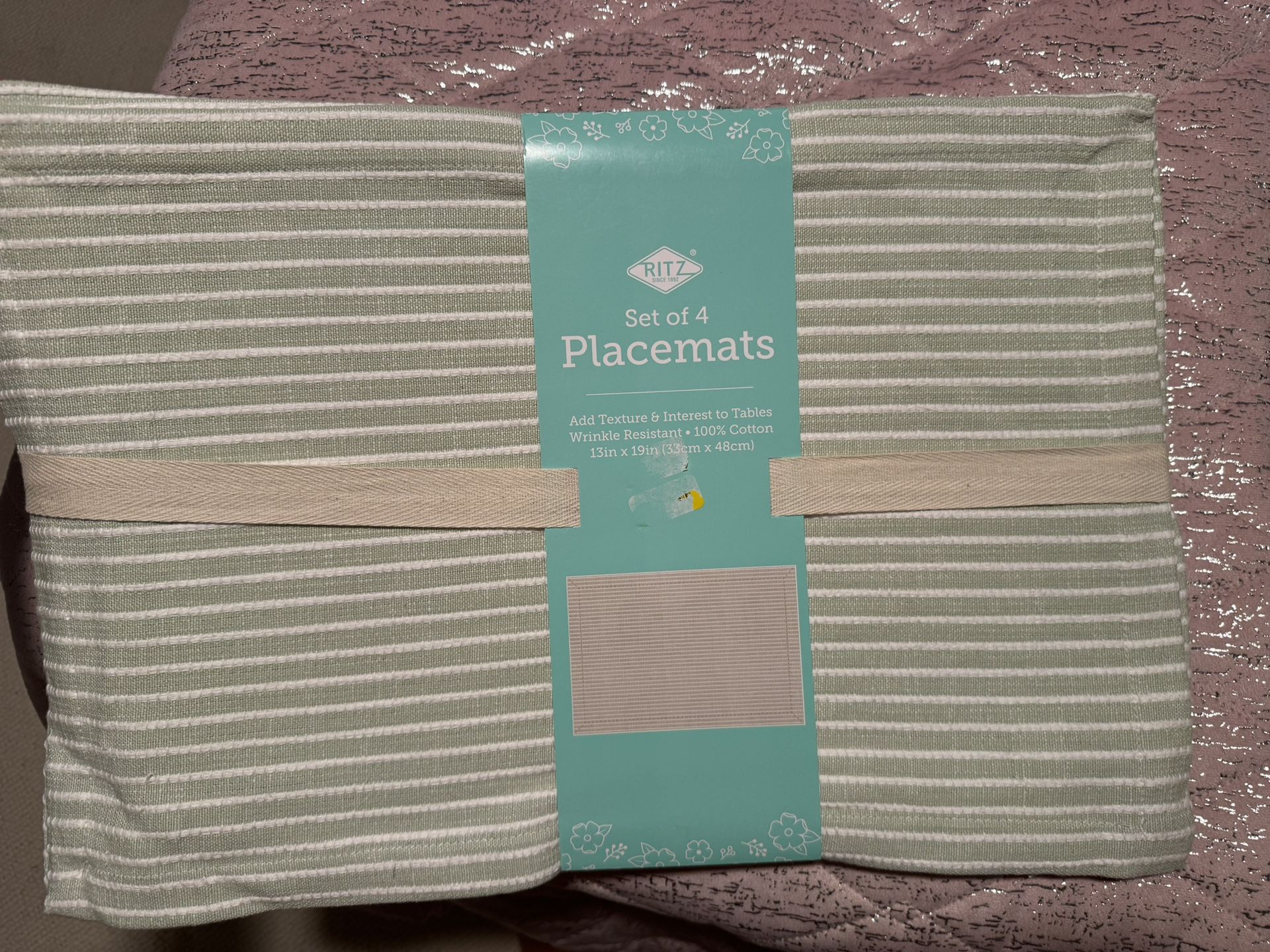 Ritz Set Of 4 Placemats Green White Striped 100% Cotton