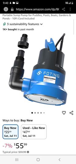 FOTING 1/2HP Submersible Water Pump with Stainless Steel Base - Removes Water to 0.04" Depth, 2450GPH Portable Sump Pump for Puddles, Pools, Boats, Ga
