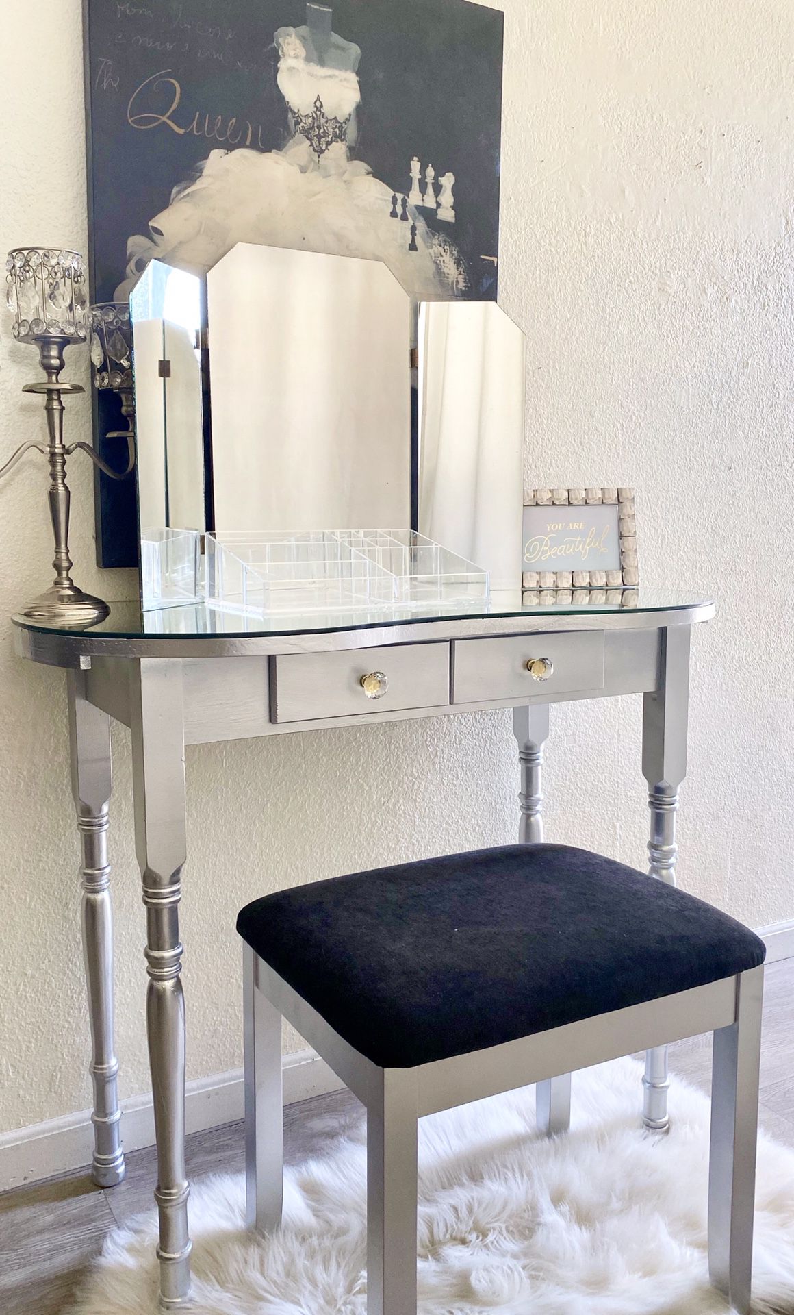 Vanity Desk & Mirror + Vanity Stool+ Acrylic Makeup Organizer