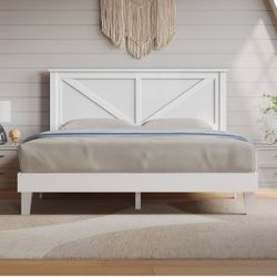 Queen Size Platform Wood Bed Frame, Farmhouse Headboard, White
