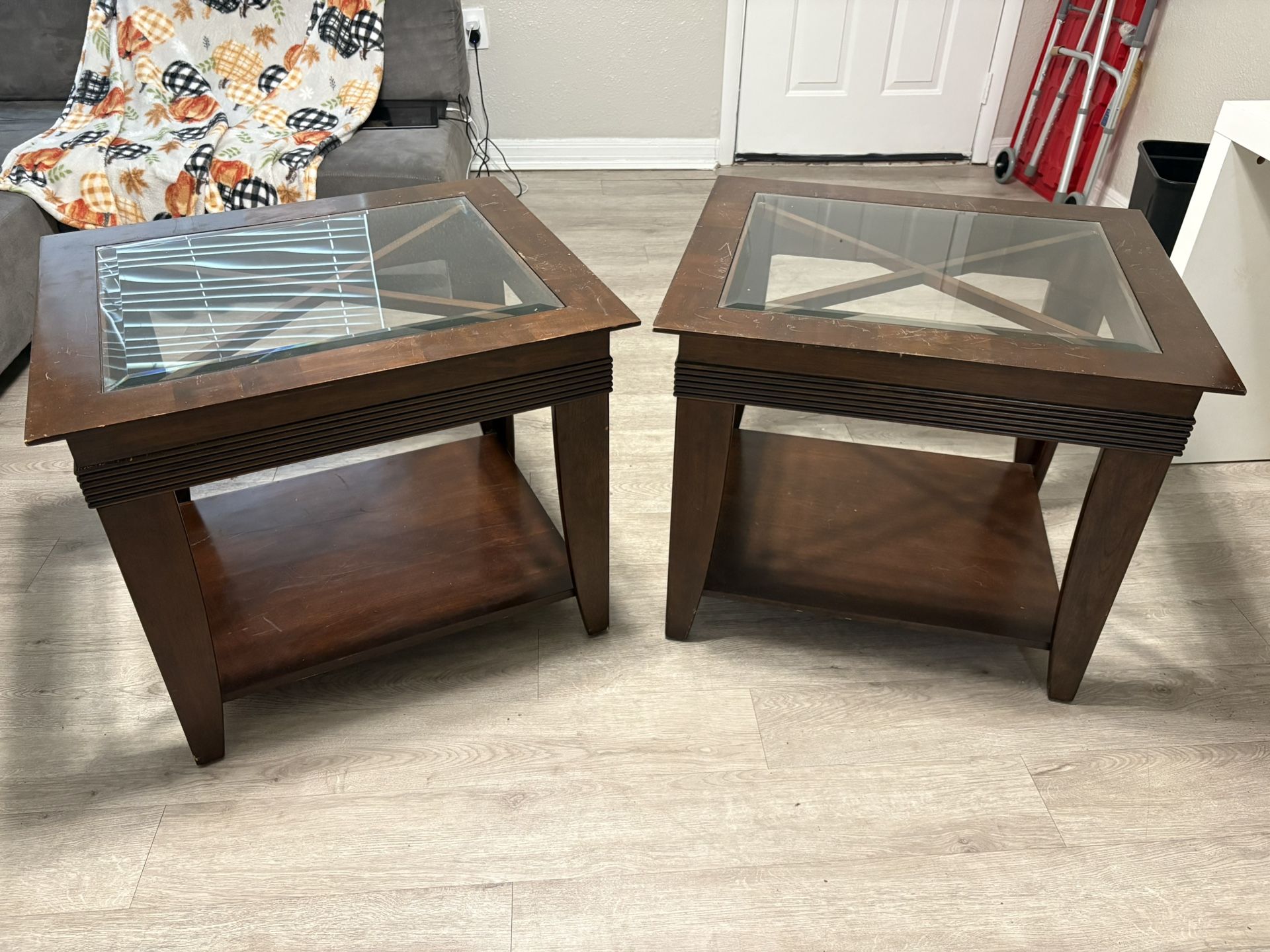 Brown End Tables w/ Glass Top