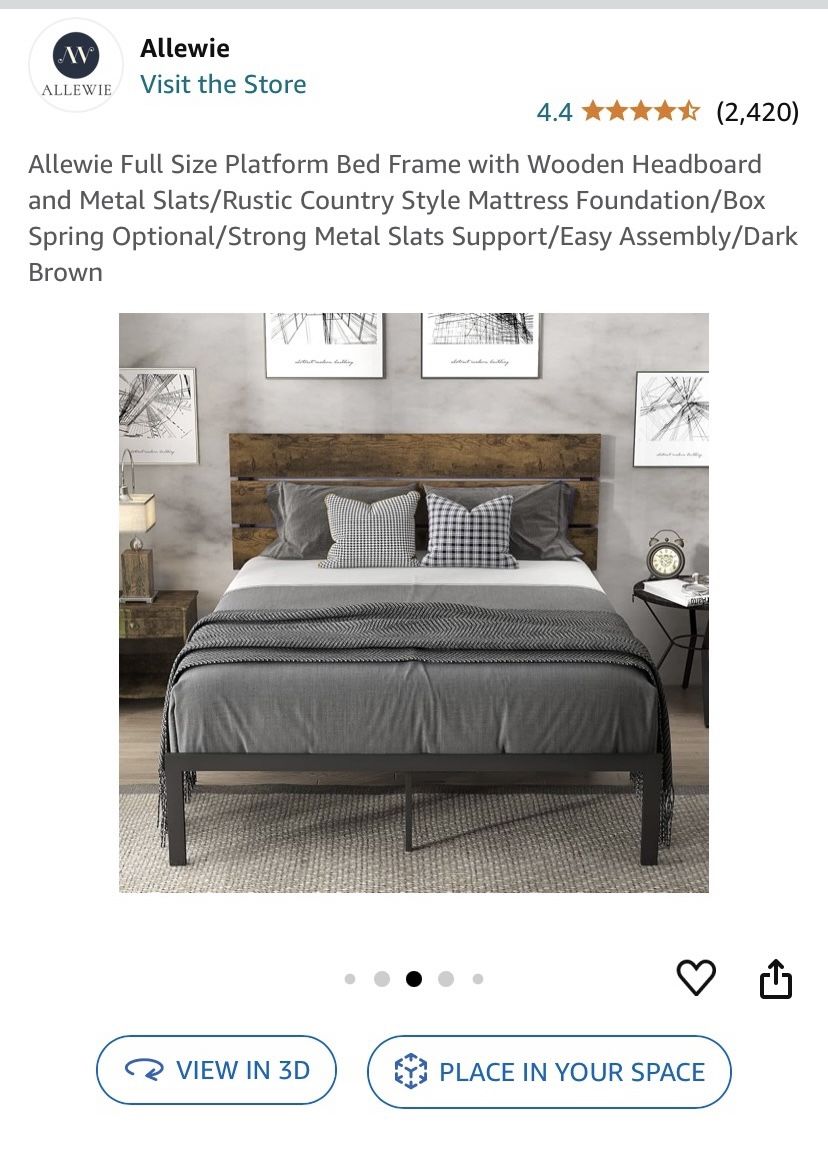 Allewie Full Size Platform Bed Frame with Wooden Headboard and Metal Slats/Rustic Country Style