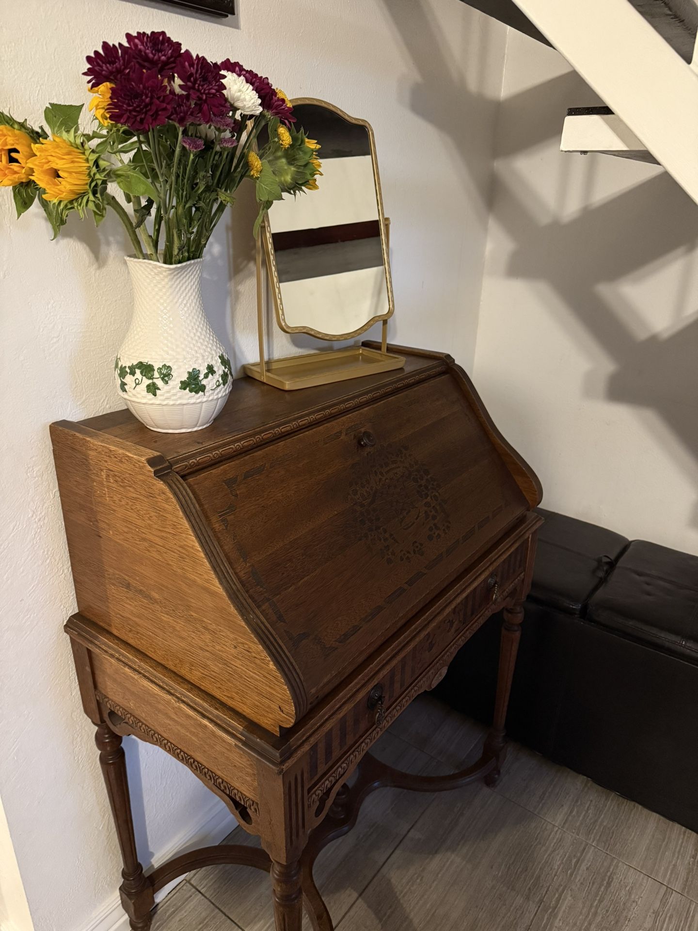 Vintage Drop-Front Writing Desk With Floral Stencil and Turned Legs