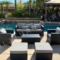 NEW Outdoor Patio Furniture 6 Pc Black Wicker Grey 4" Cushions Conversation Set with Storage Table