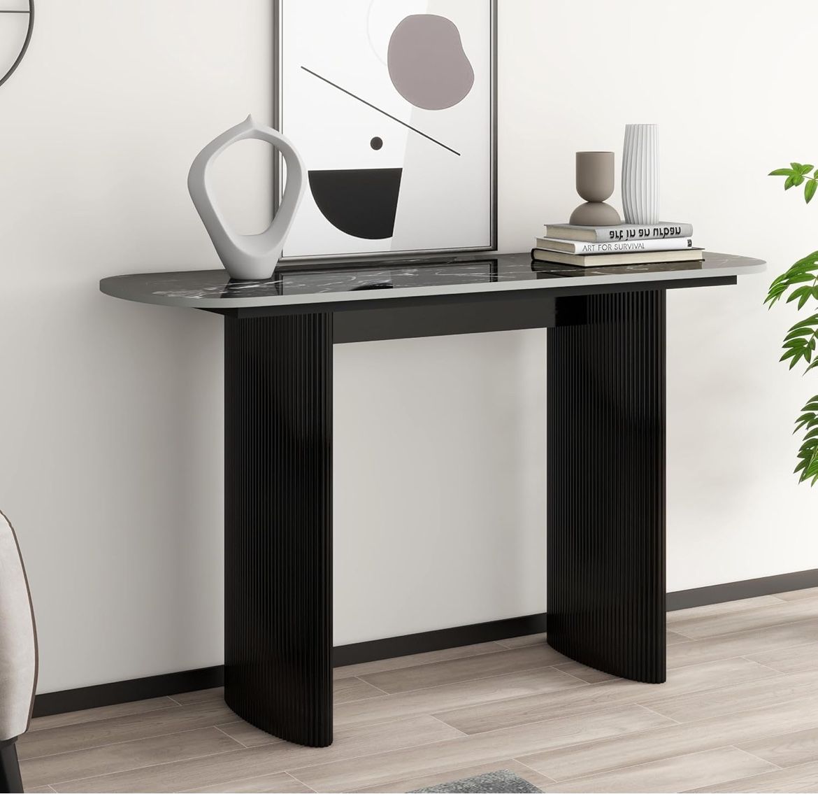 Black Console Table with Marble Top, 47.2'' Sofa Accent Table Fluted Design, Narrow Entryway Table for Hallway, Behind The Couch, Living Room, Foyer,