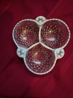 Hobnail Opalescent Glass Three-Section Relish DishAntique hub, nail serving bowl.