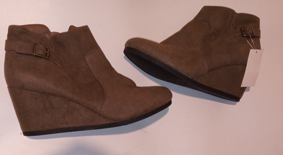 Attention Suede Bootie Brown Wedge Heel.