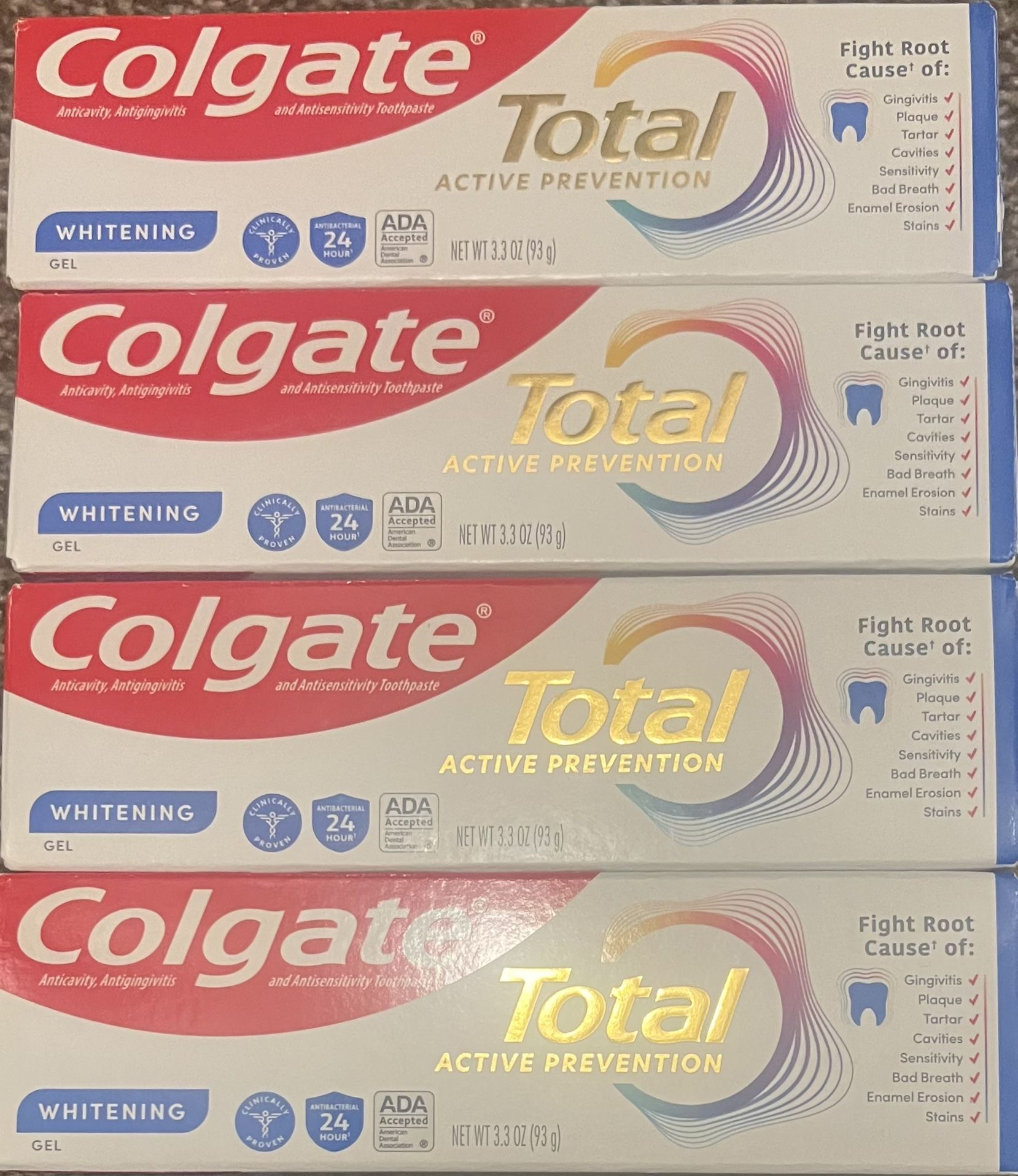Set of (4) Colgate Total Active Prevention Whitening Toothpaste, 3.3 oz., Expires 02/2027    Help stop oral health problems (1) before they start with