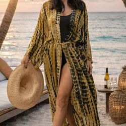 Women's Open Front Tie Dye Long Kimono Cover Ups with Belt Summer Loose Long Kimono Robe Swimsuits