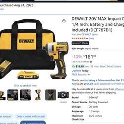 DEWALT 20V MAX Impact Driver, 1/4 Inch, Battery and Charger Included (DCF787D1)